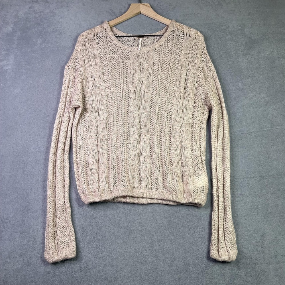 Free People Angel Soft Sweater Womens Large Pink Tan Oversized Scoop‎ Neck Sheer